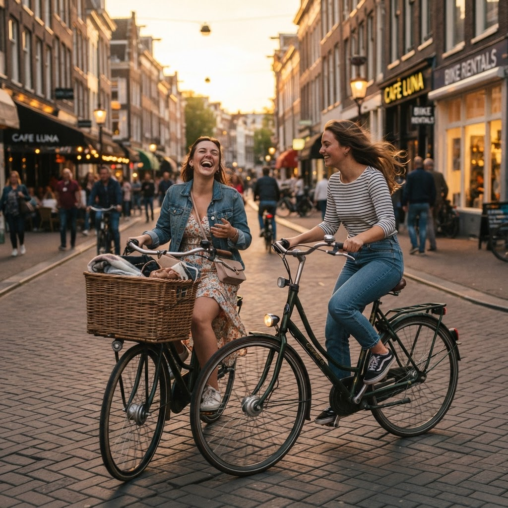 Two friends having fun on a bike at golden hour