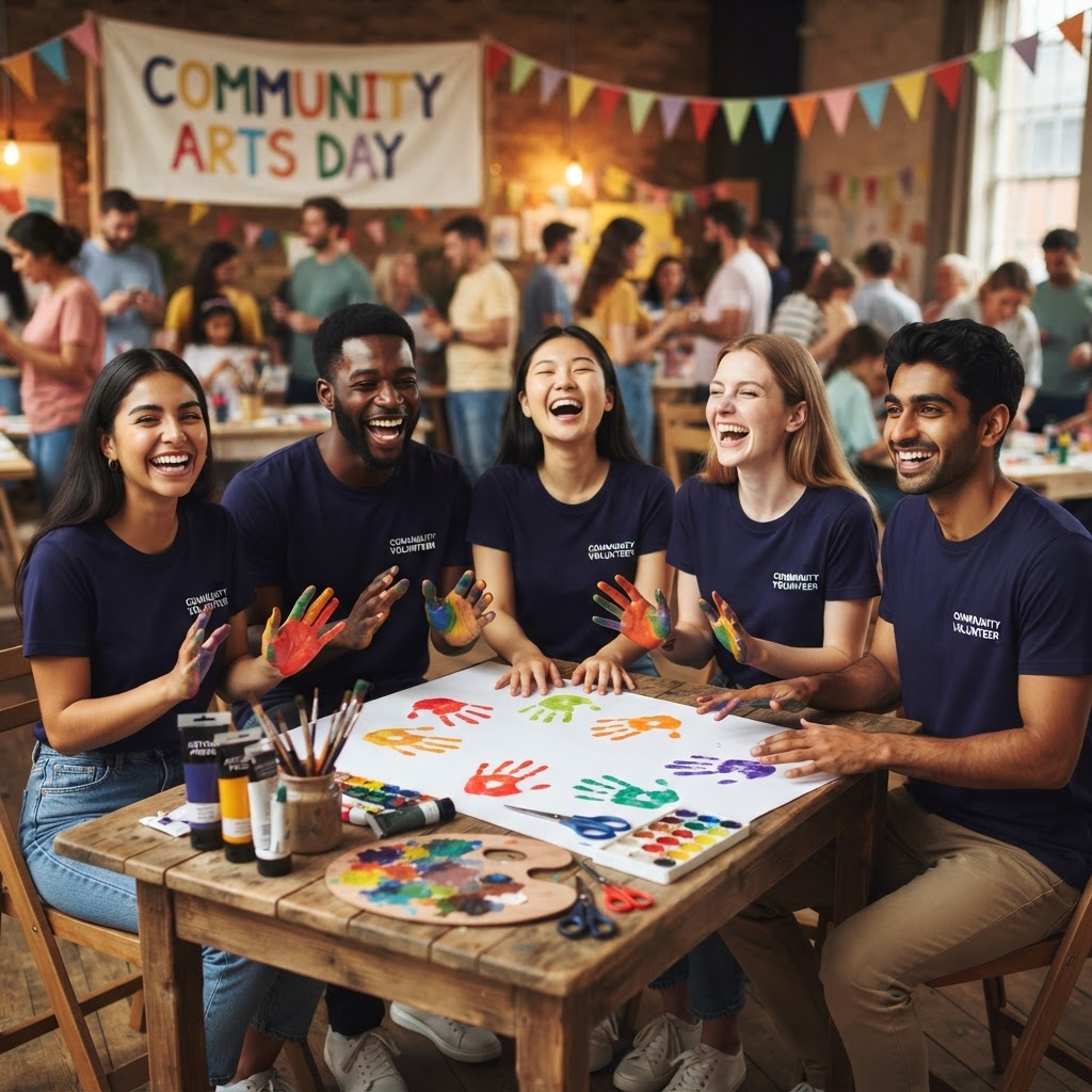 Young volunteers in navy shirts painting together at a community event