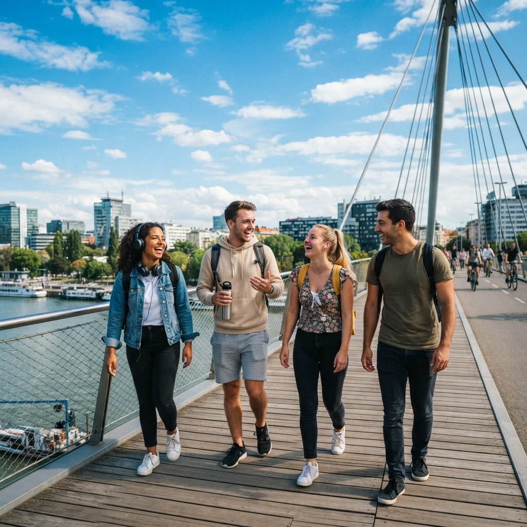 Group of happy young adults walking across a bridge