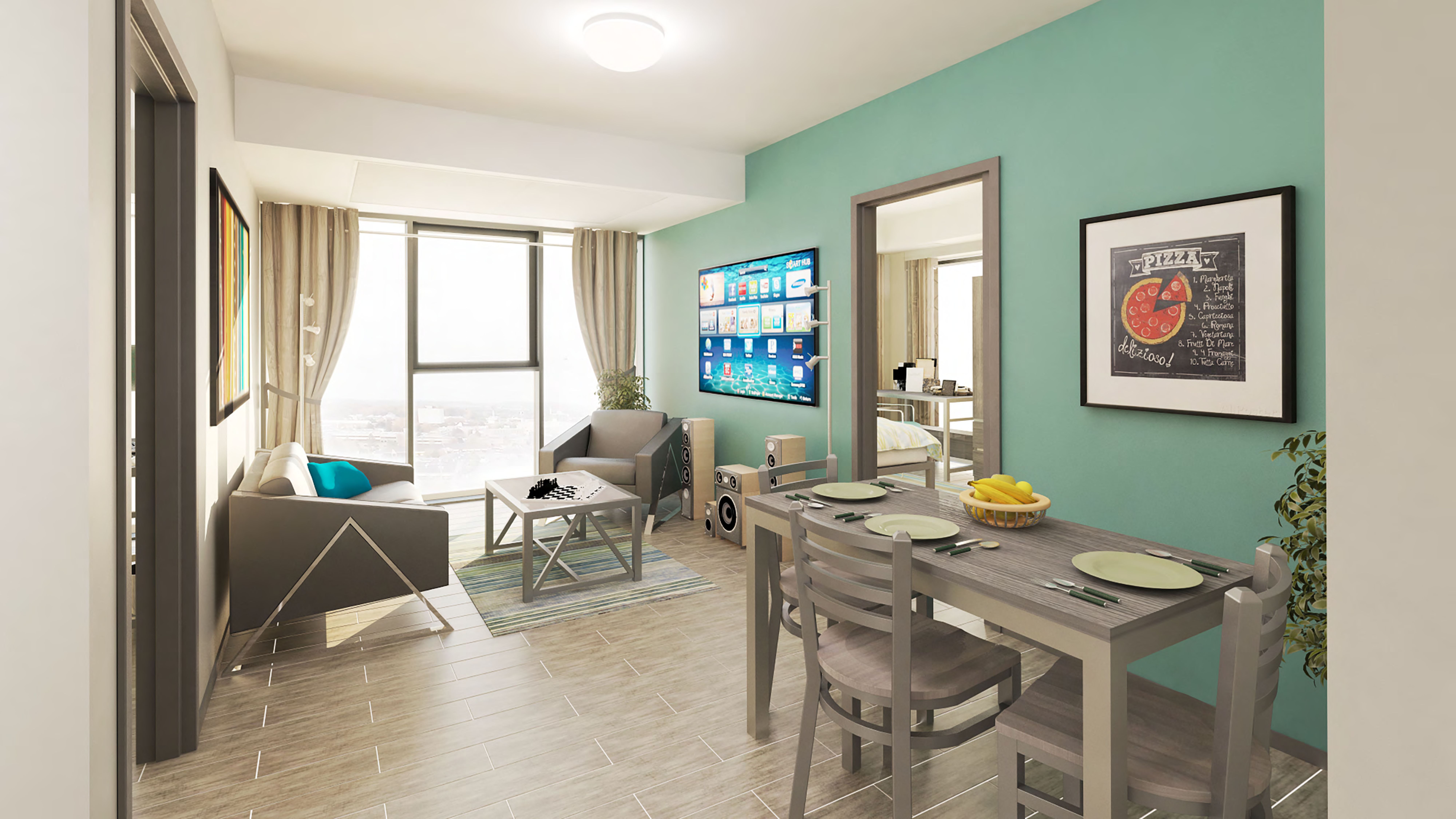 Suite 307 — living room with dining area